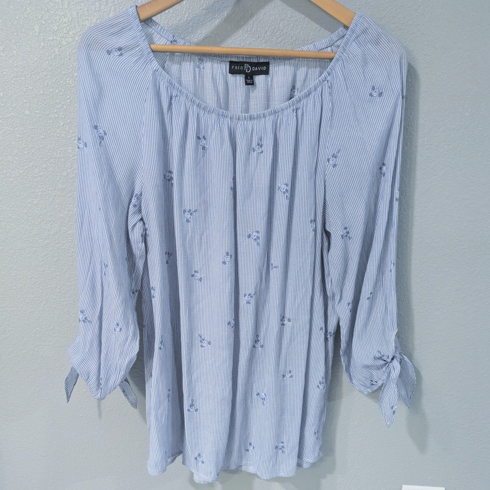 Fred David Blue Pinstripe Floral Tie-Sleeve Tunic